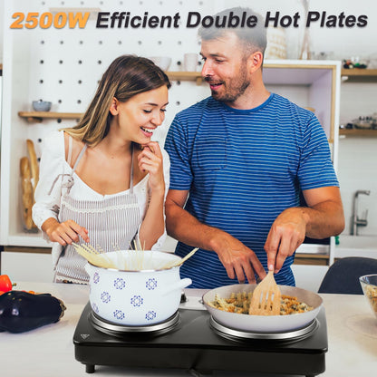 Electric Hot Plate Double Burner 2500W Portable Cast Iron Dual Temperature Black