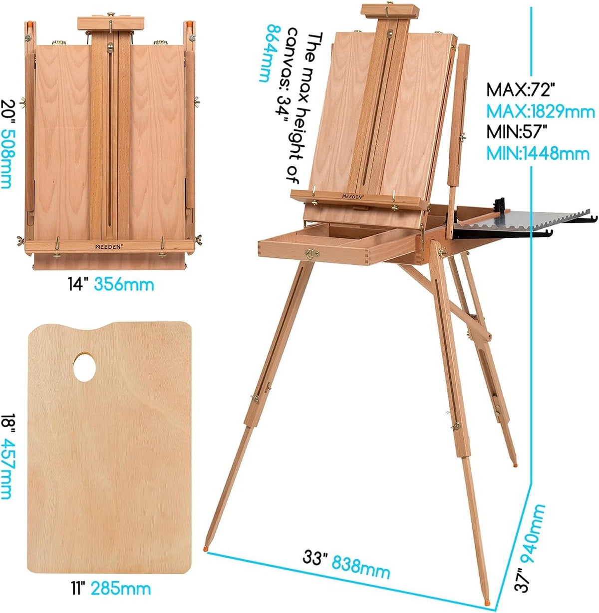 French Easel Sketchbox Painting Stand Large Beechwood Folding Tripod Art Storage