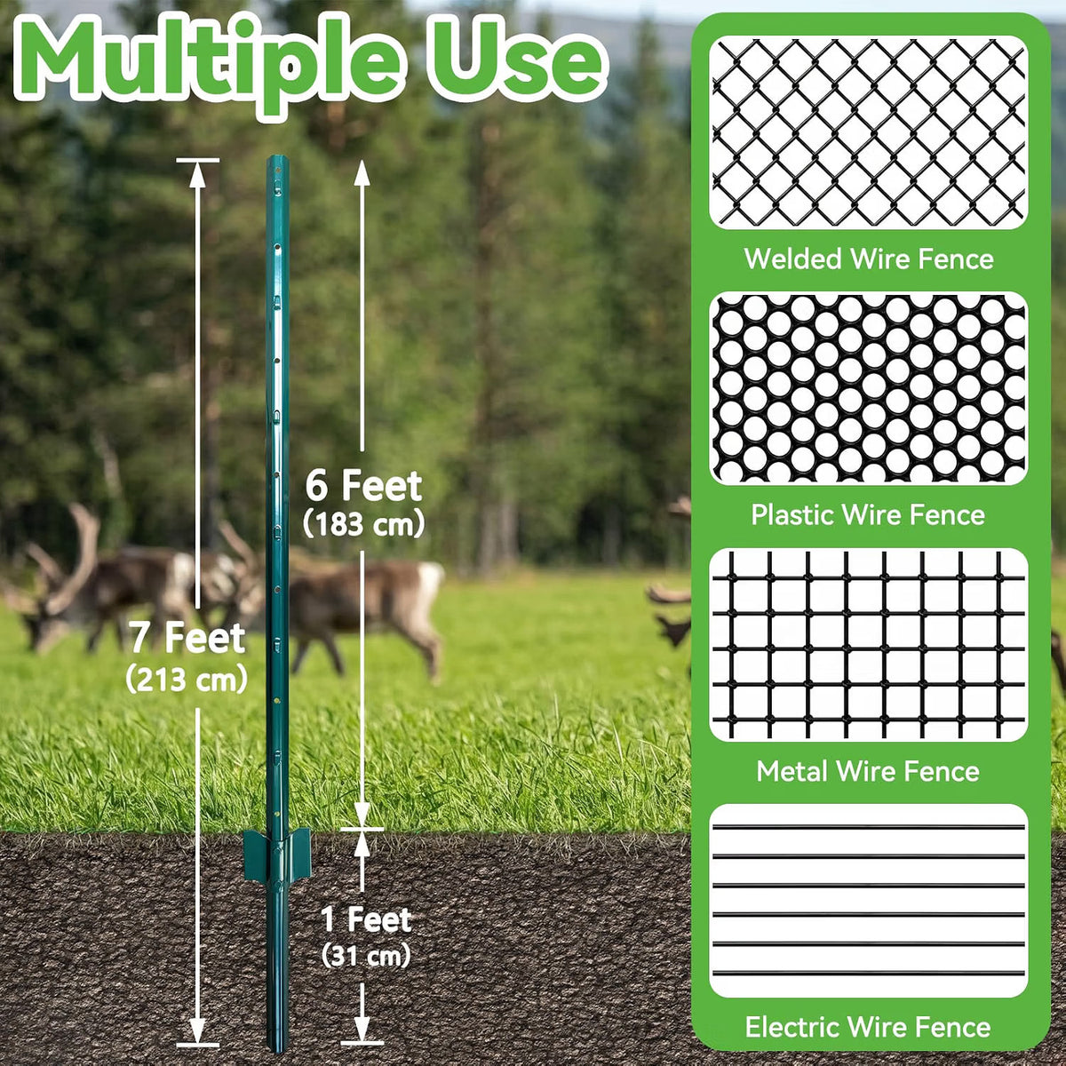 Fence Posts 7ft 213cm 7 Pack Metal U Channel Steel Garden Wire Mesh Green No Dig
