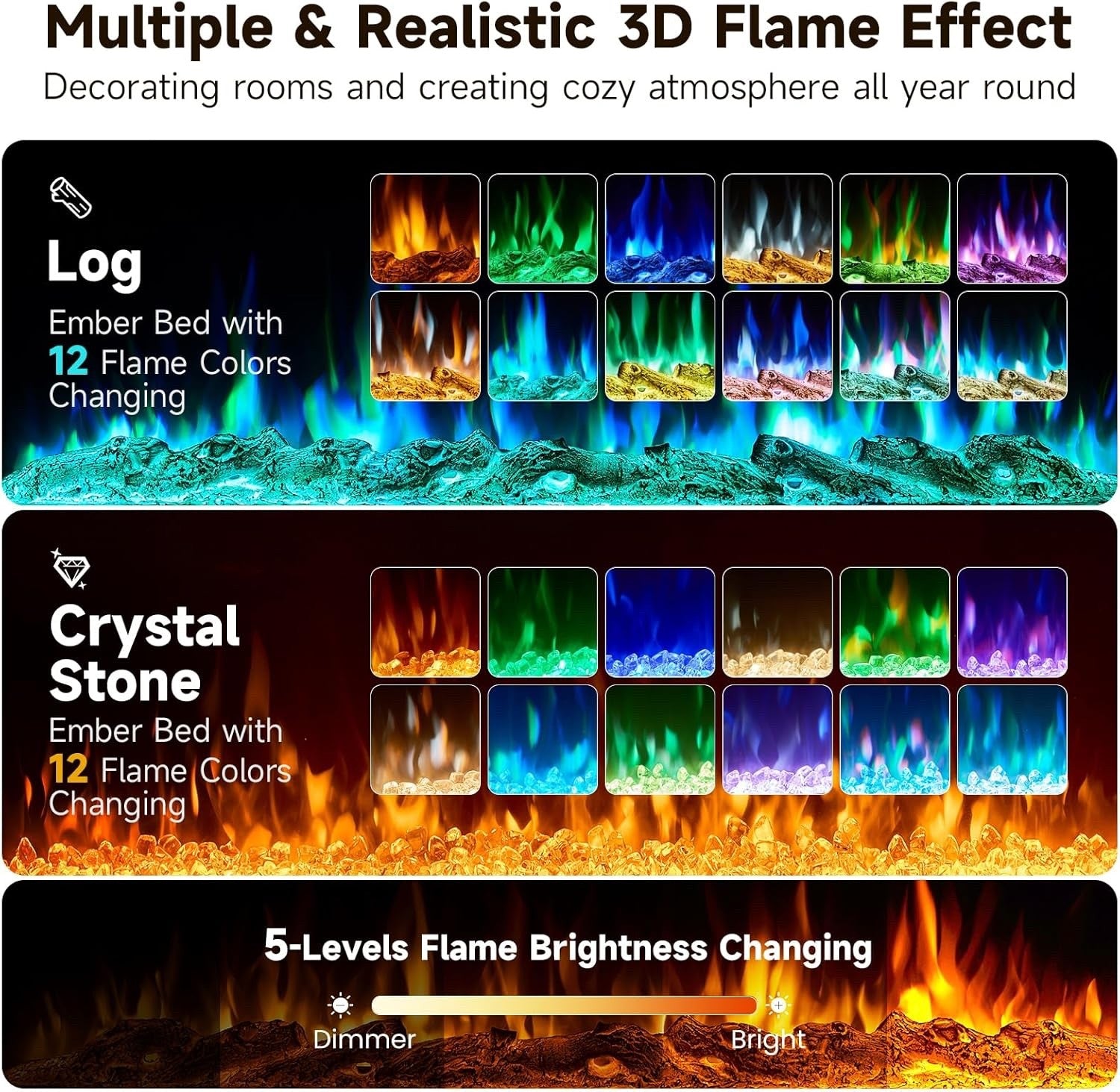 INMOZATA 127cm Electric Fireplace Recessed/Wall 12-Colour LED Flame 900/1800W