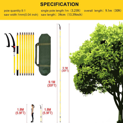 Tree Pruning Pole Saw 30FT 9M Extendable Manual Branch Cutter Lopper Garden Tool