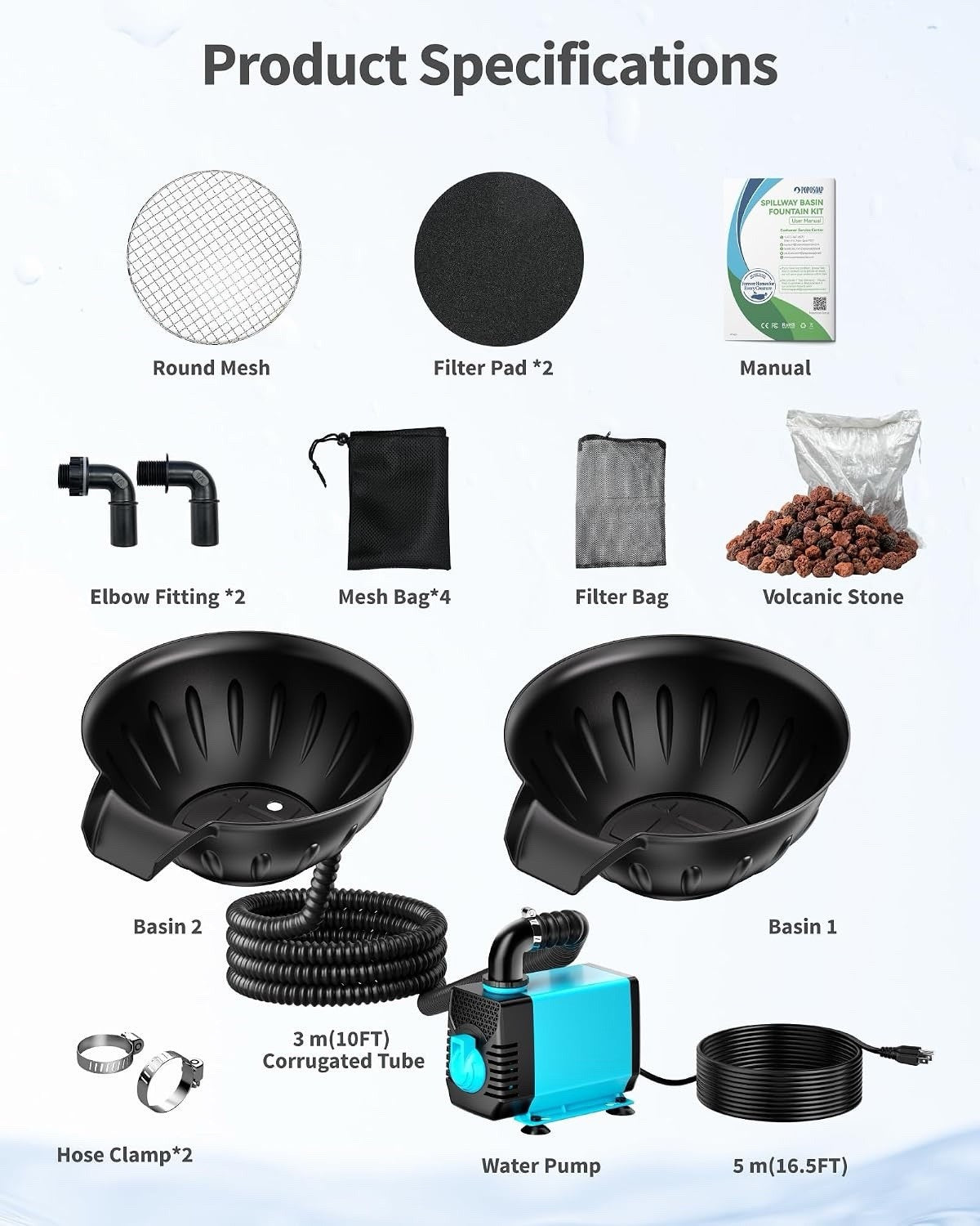 Pond Waterfall Fountain Kit 2 Tier Spillway Bowls 2500L/H Pump Garden Feature