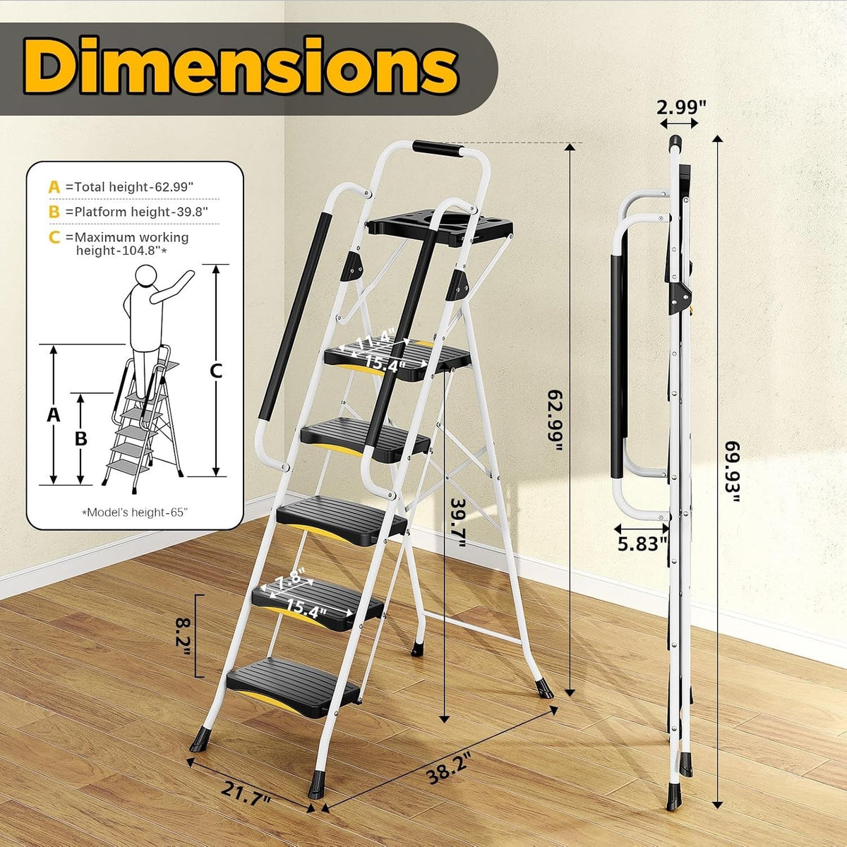 Folding Step Ladder 5 Step Heavy Duty 150kg Steel with Tool Tray Handrail Lock