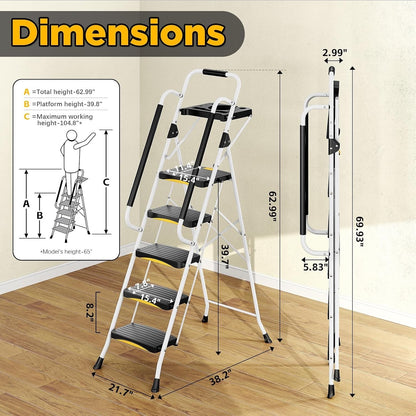 Folding Step Ladder 5 Step Heavy Duty 150kg Steel with Tool Tray Handrail Lock