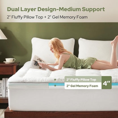 Mattress Topper Double Memory Foam 4in 2in1 135x190cm Deep Pocket Bamboo White