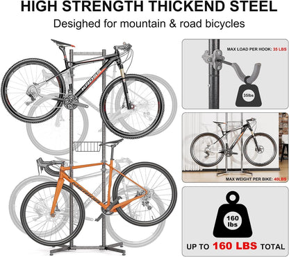 Bike Storage Rack Stand 4 Bicycle Floor Holder Garage Organiser with Basket