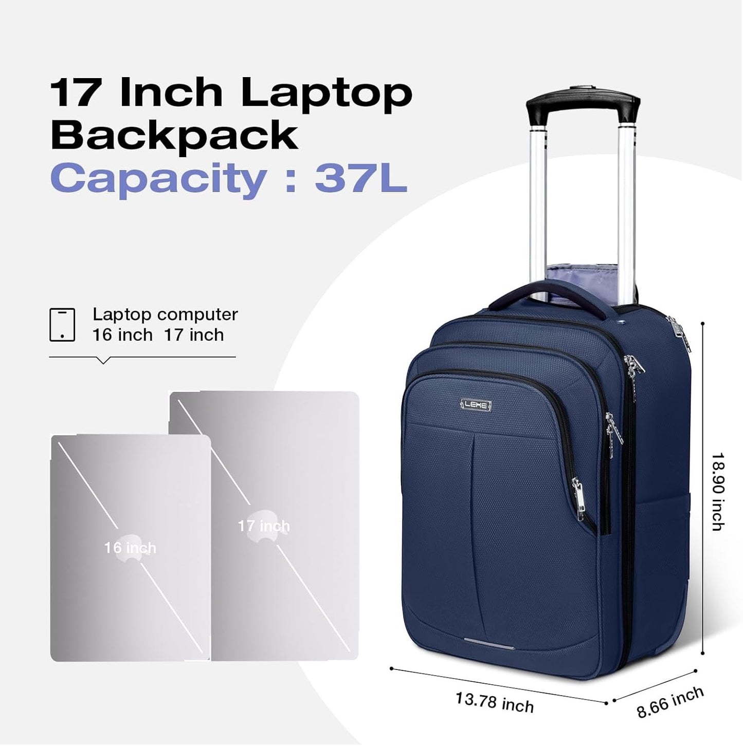 Laptop Rolling Bag Briefcase 18in Waterproof Wheeled Travel Work Case Blue Cabin