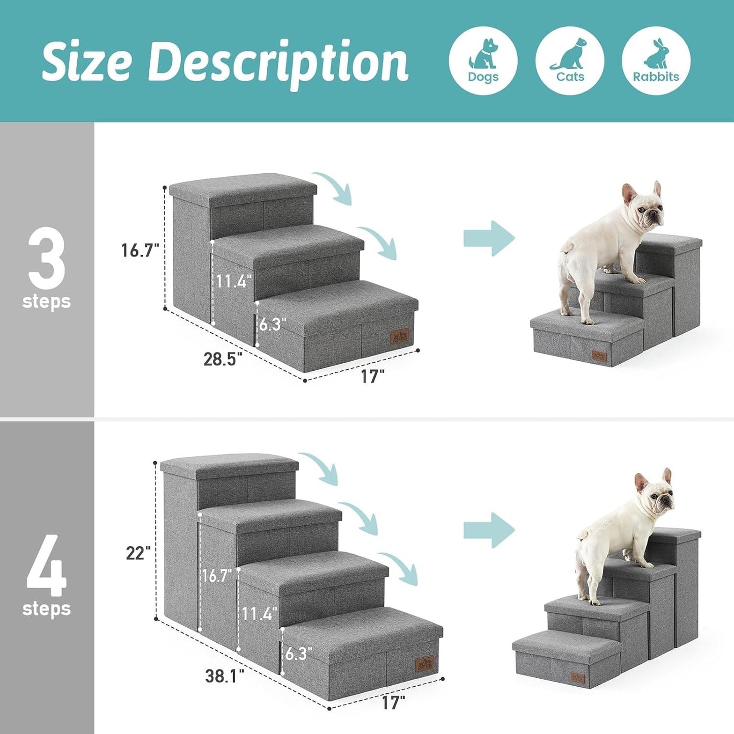 Dog Stairs Pet Steps Foldable Storage Ramp Grey Leakproof Sofa 4 Step 38.1x17x22