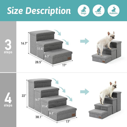 Dog Stairs Pet Steps Foldable Storage Ramp Grey Leakproof Sofa 4 Step 38.1x17x22