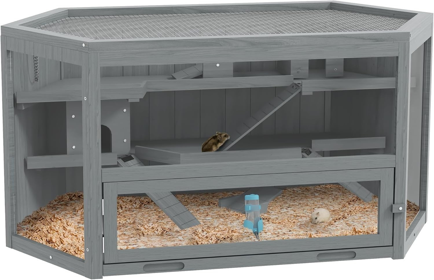Large Wooden Hamster Cage 3 Tier Small Animal Play House With Tray Bottle Grey