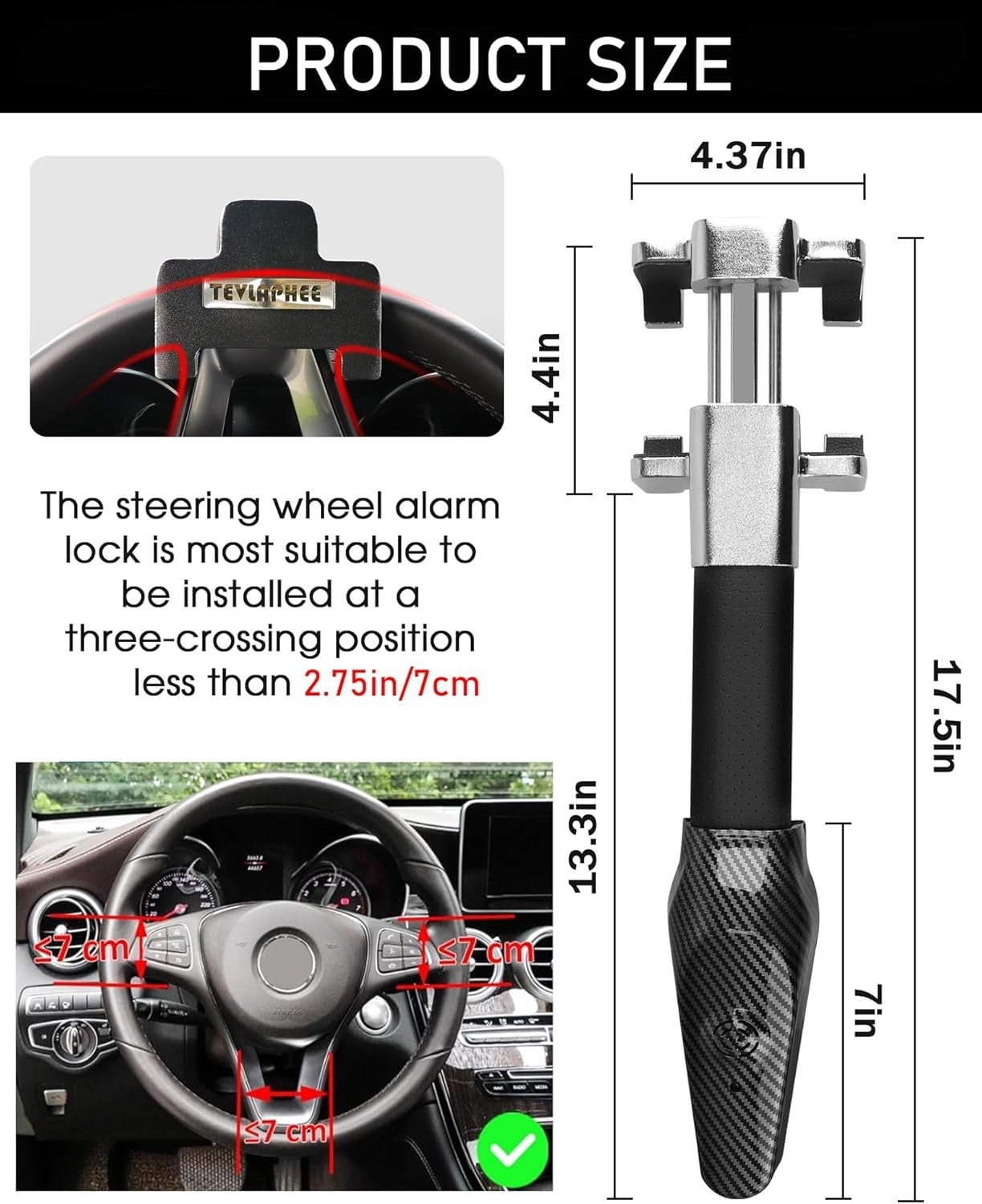 Tevlaphee Steering Wheel Lock with 120dB Alarm Anti-Theft Car Security Device