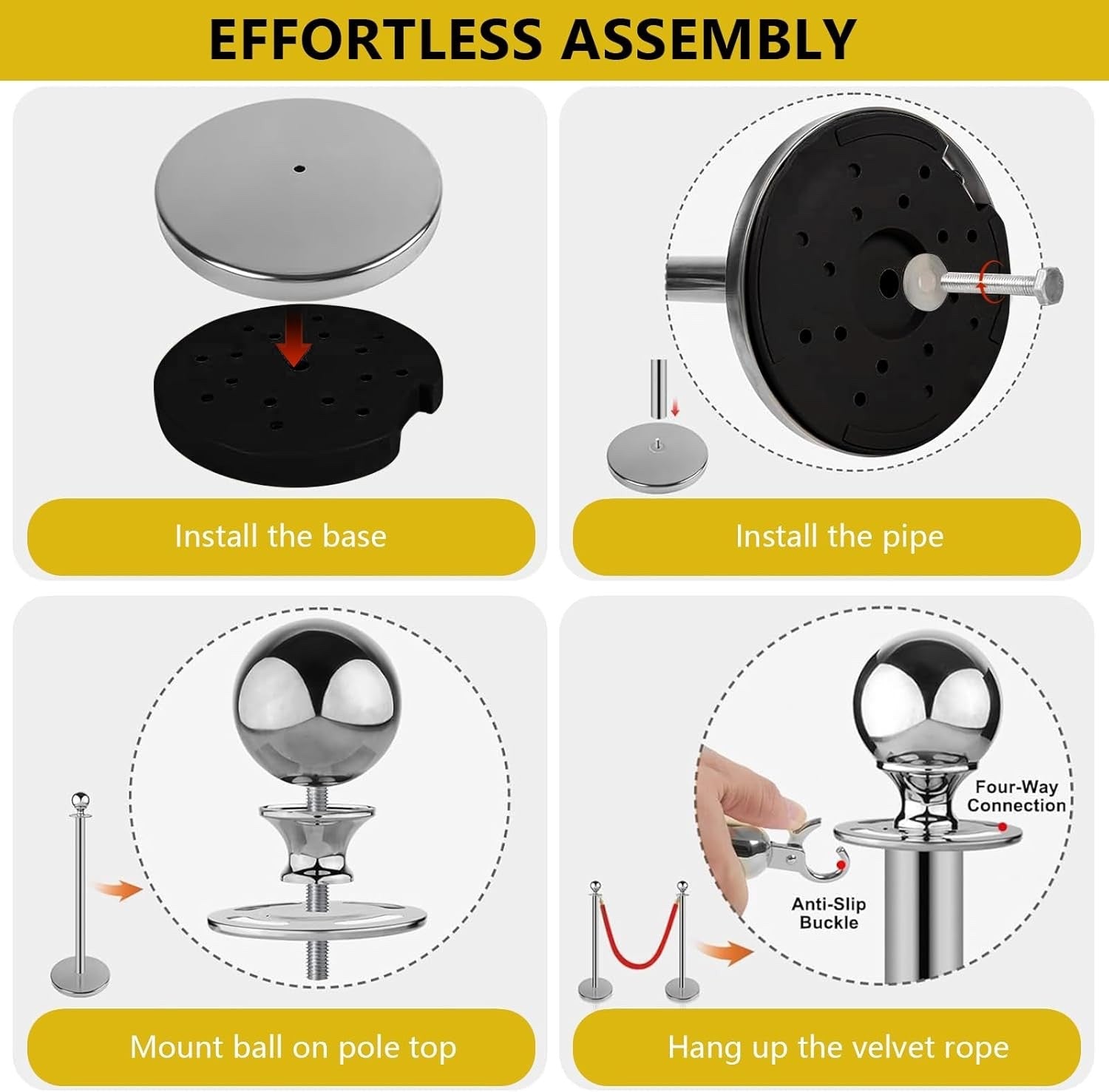 4Pcs Stainless Steel Stanchion Posts Queue Set Red Velvet Rope Crowd Control