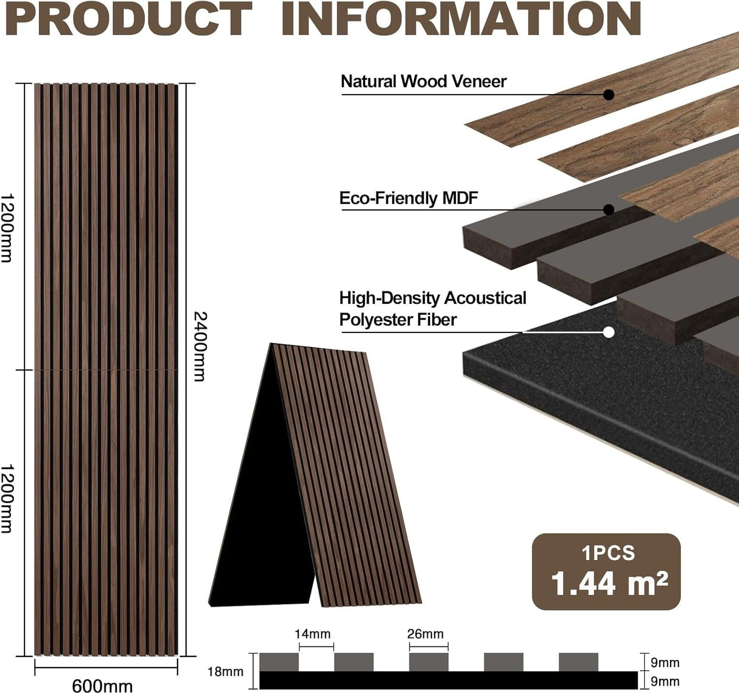 Acoustic Wood Slat Wall Panels 2400x600mm Sound Absorbing Foldable Black Walnut