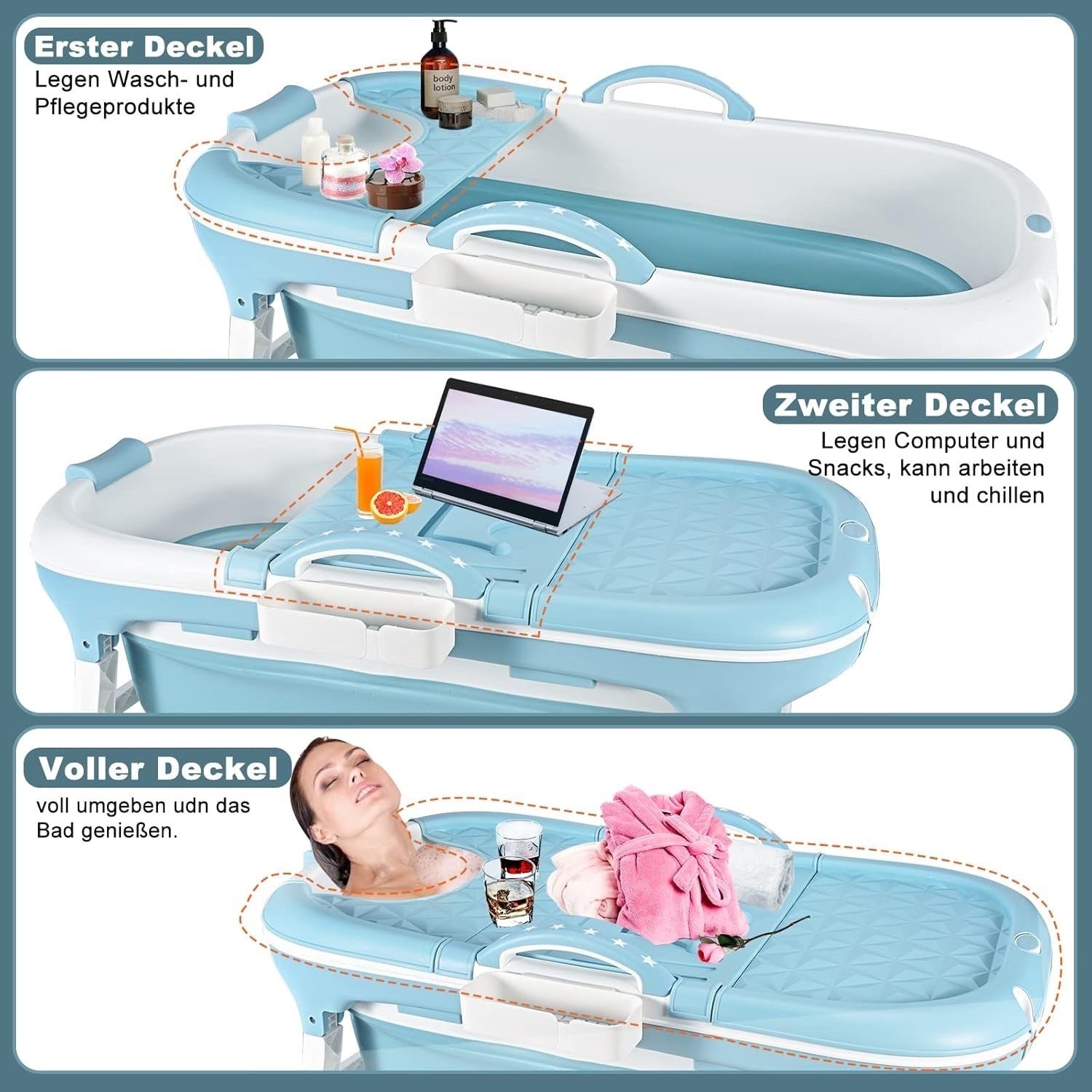 Foldable Adult Bathtub 117 cm Portable Soaking Spa Bath with Pillow Basket