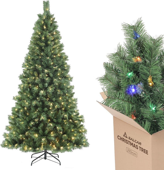 SALCAR Pre Lit Christmas Tree 7ft, 210cm Spruce Pine Xmas Tree with LED Lighting