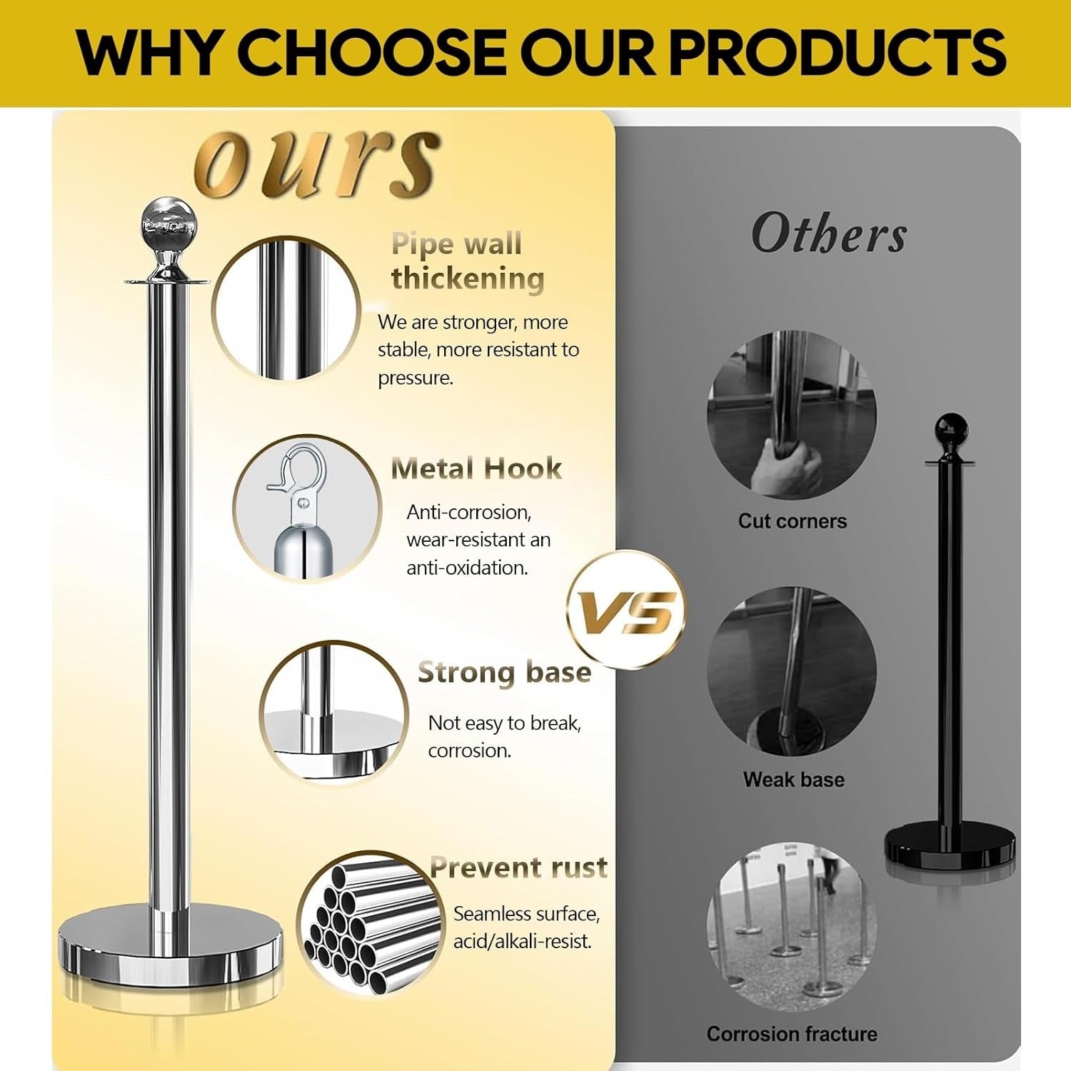 4Pcs Stainless Steel Stanchion Posts Queue Set Red Velvet Rope Crowd Control