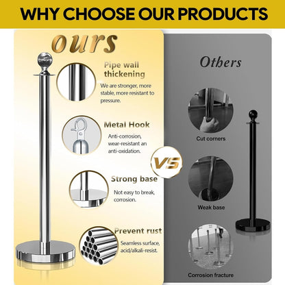 4Pcs Stainless Steel Stanchion Posts Queue Set Red Velvet Rope Crowd Control