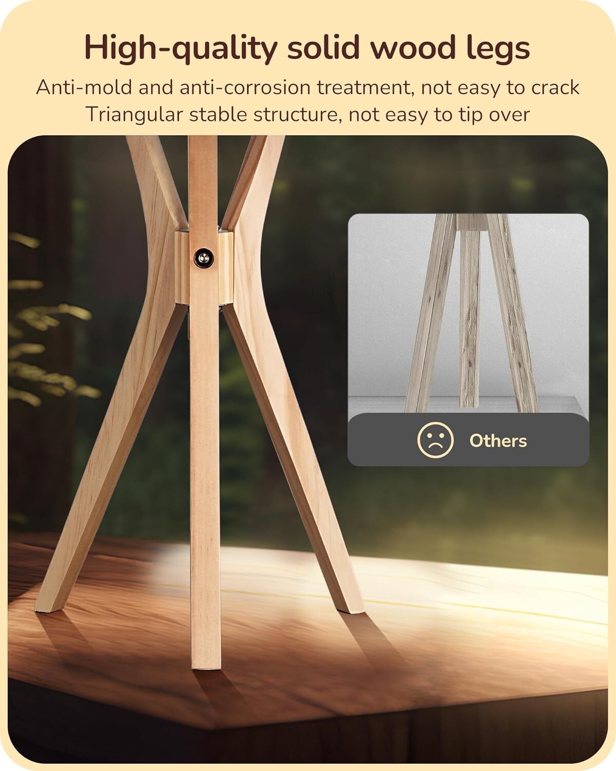 EDISHINE Modern Bedside Lamp, 46cm Tripod Table Lamp with Solid Wood Legs, Beige