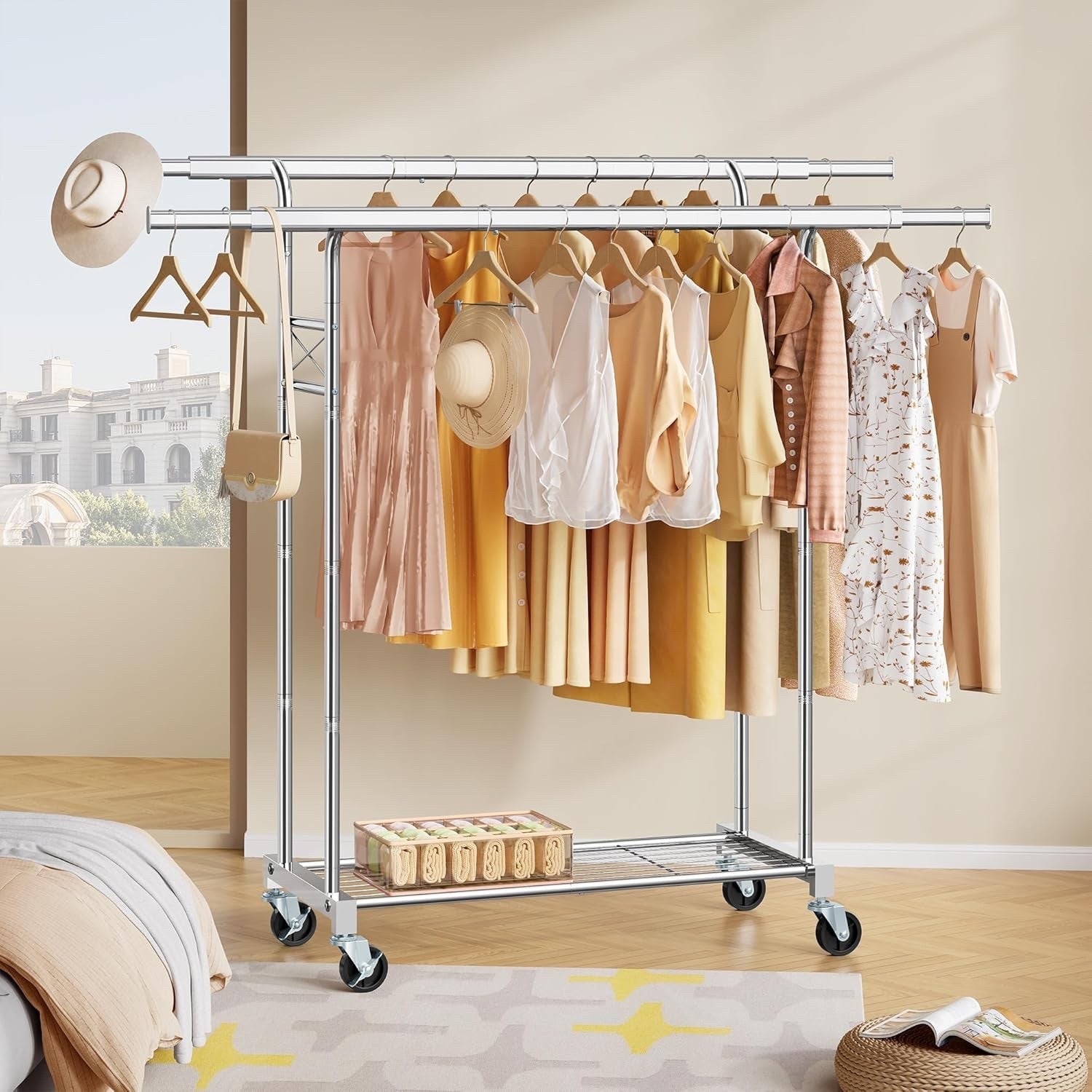 Clothes Rail Heavy Duty Double Rod Extendable Rack Storage Shelves Silver 190cm