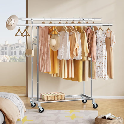 Clothes Rail Heavy Duty Double Rod Extendable Rack Storage Shelves Silver 190cm