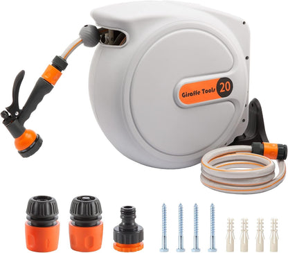 Retractable Garden Hose Reel 20m Wall Mounted Automatic Rewind 180° Swivel Spray