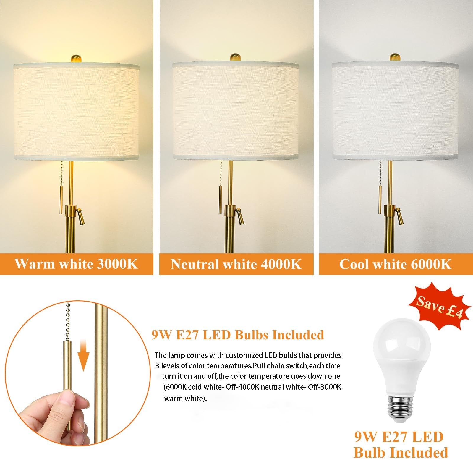 Gold Floor Lamp Living Room Modern Floor Standing with Lampshade 3 Colours