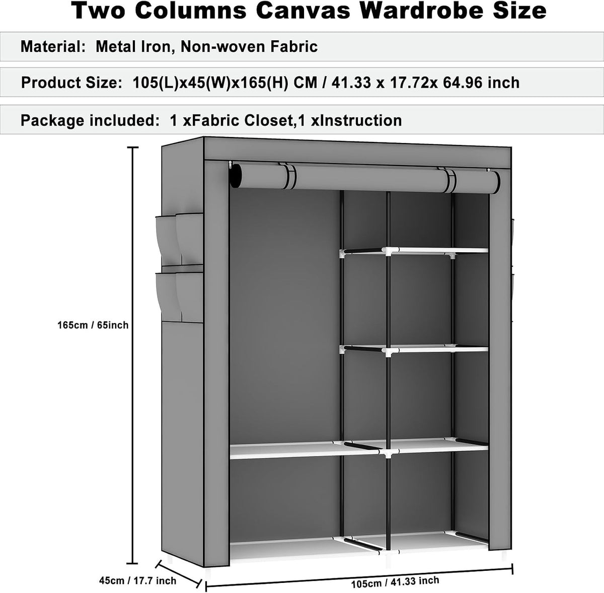 Canvas Wardrobe Portable Clothes Closet Grey 105x45x165cm 5 Shelves Hanging Rail