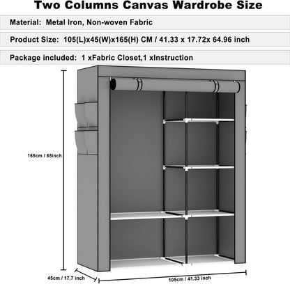 Canvas Wardrobe Portable Clothes Closet Grey 105x45x165cm 5 Shelves Hanging Rail