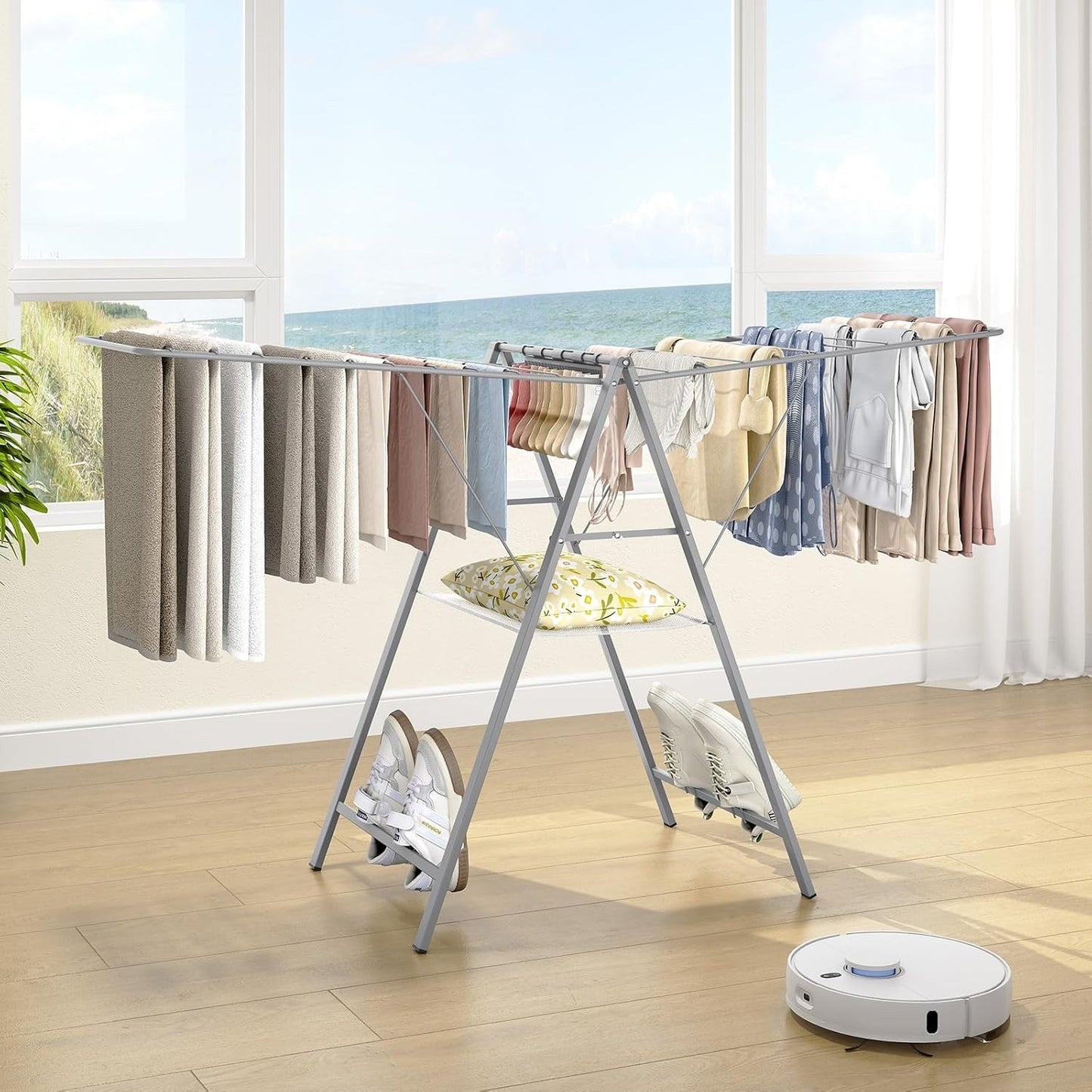 Clothes Airer Drying Rack Foldable Height Adjustable Laundry Indoor Outdoor Grey