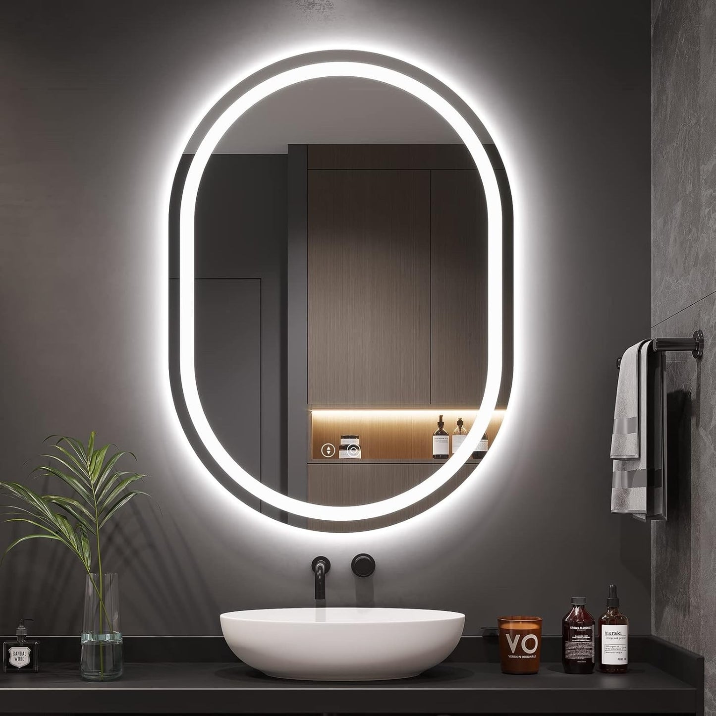Oval LED Bathroom Mirror 50x70cm Dimmable 3 Colour Anti Fog Memory IP44 Backlit