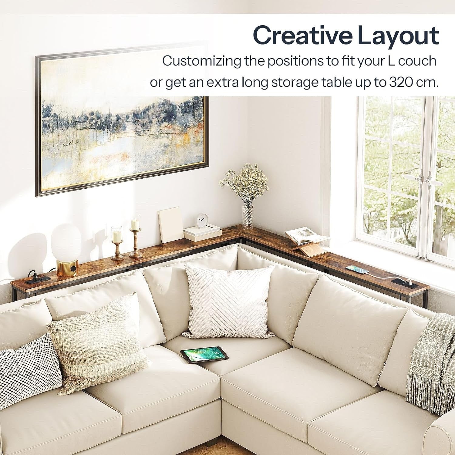 Console Table Charging Station 160cm Slim USB Type-C Sofa Hallway Rustic Brown