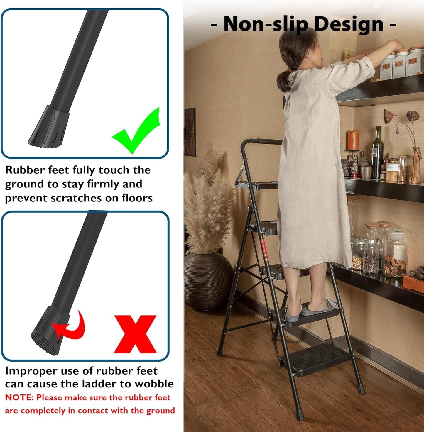 4 Step Ladder Folding Non Slip 150kg Capacity Steel Home Kitchen Indoor