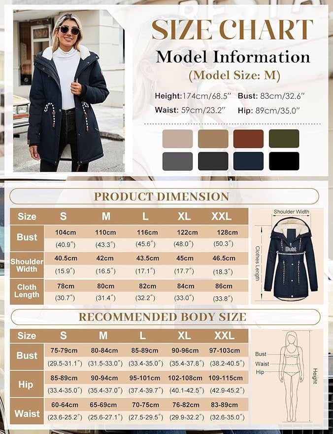 Womens Winter Parka Jacket Fleece Lined Hooded Thermal Coat Navy M