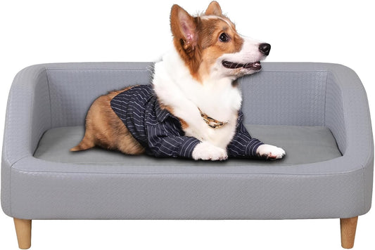 Large Dog Sofa Bed PU Leather Couch Wooden Frame Raised Pet Bed Grey Durable Leg