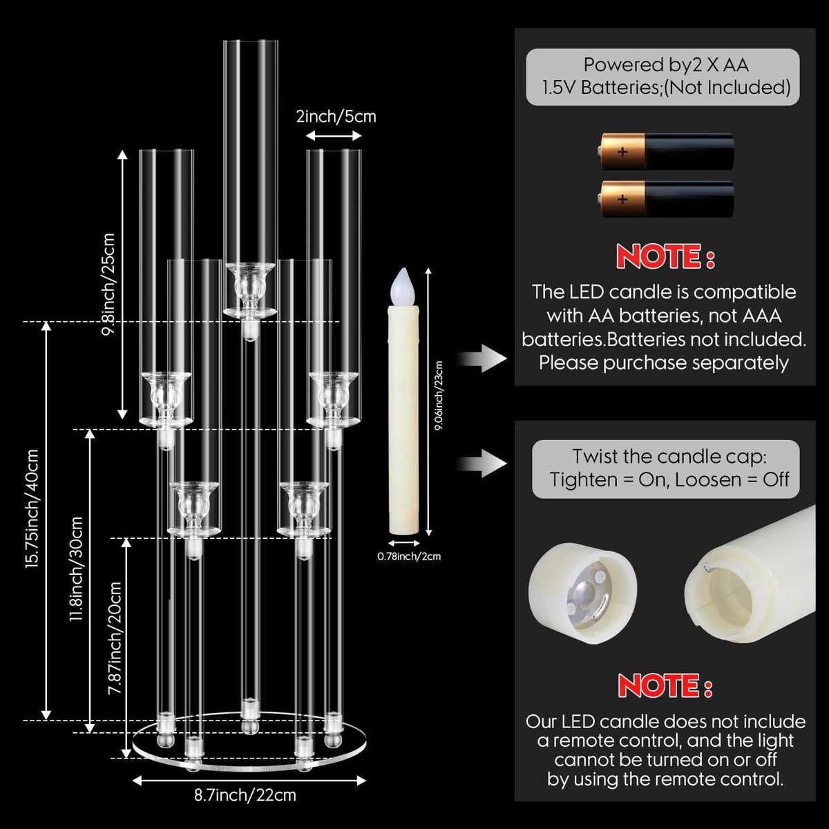 Candelabra Candle Holders 6 Sets 5 Arm Clear Acrylic 68cm Wedding LED Candles
