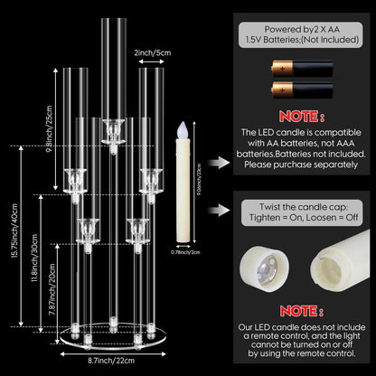 Candelabra Candle Holders 6 Sets 5 Arm Clear Acrylic 68cm Wedding LED Candles