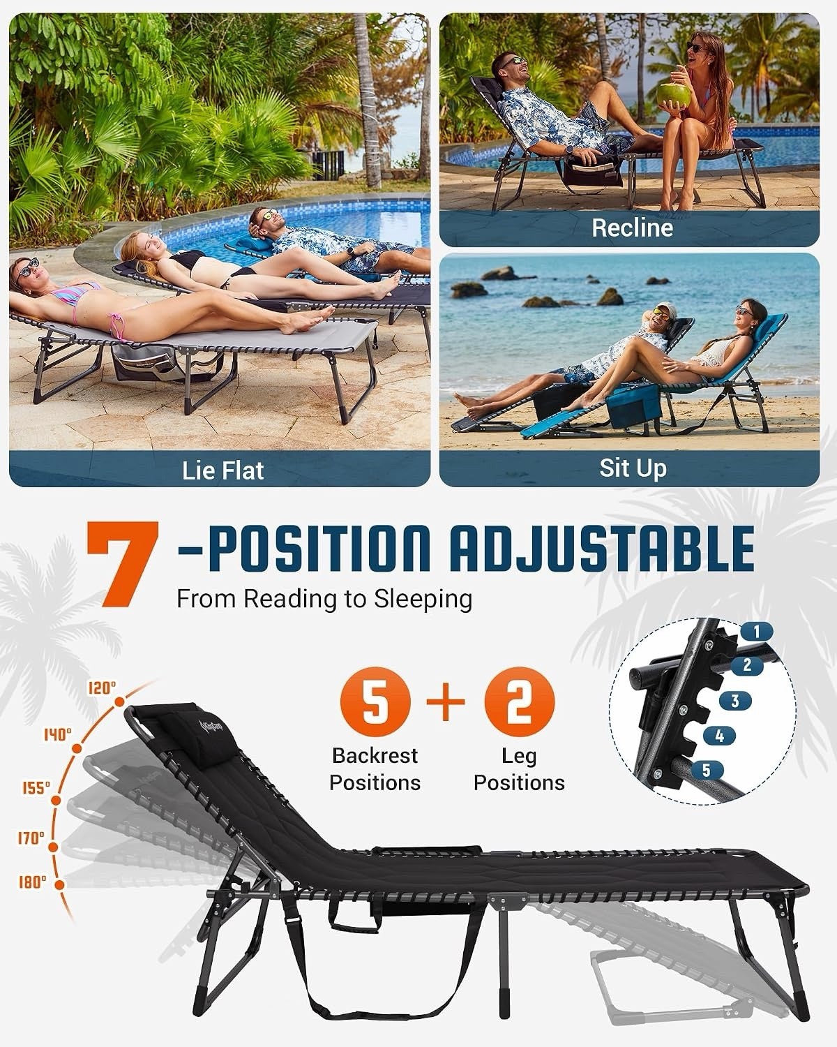 Sun Lounger Garden Recliner Folding Padded Black 200x68cm KingCamp XL 1 Pack