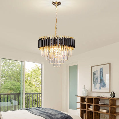 Crystal Chandelier Ceiling Light 20 Inch Black Gold 4 Tier Adjustable Pendant