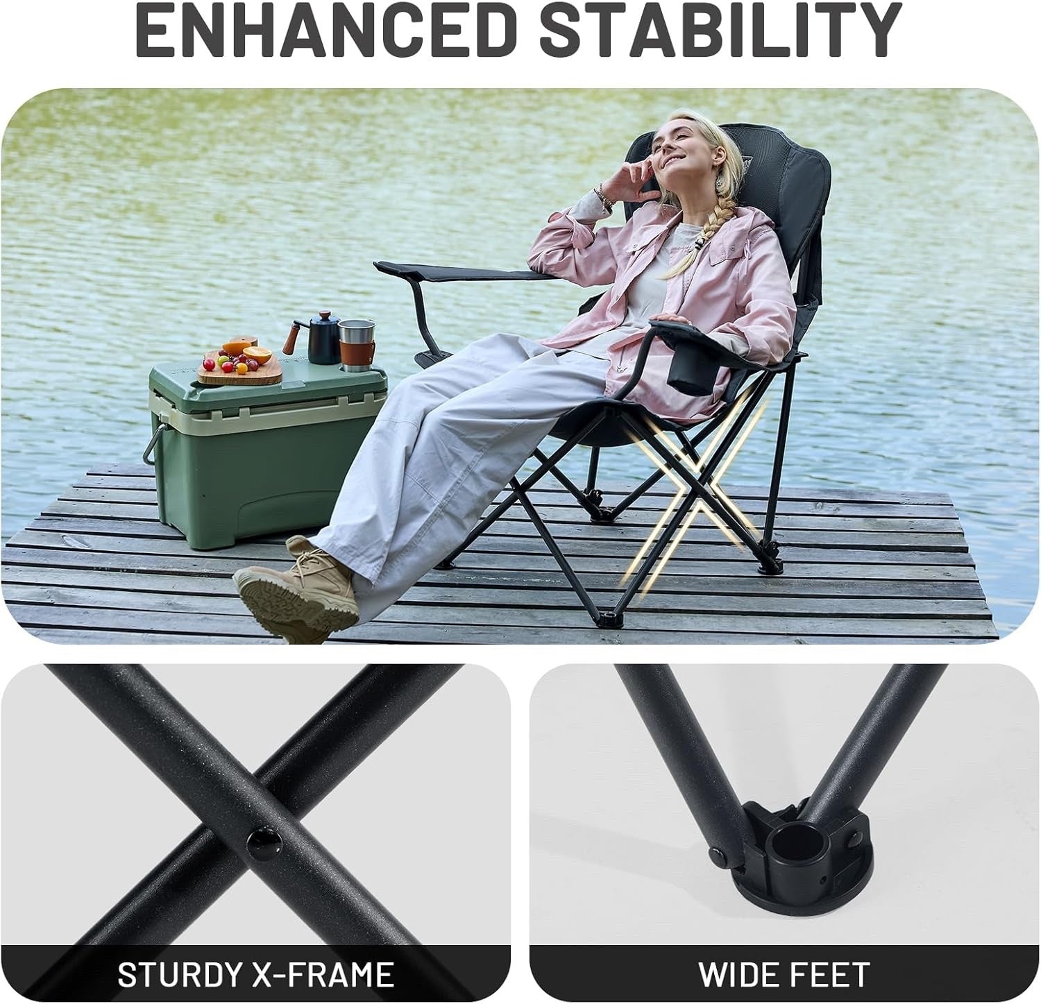 Folding Camping Chair Recliner 150kg Extra Wide 3 Position Cup Holder Black