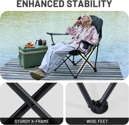 Folding Camping Chair Recliner 150kg Extra Wide 3 Position Cup Holder Black