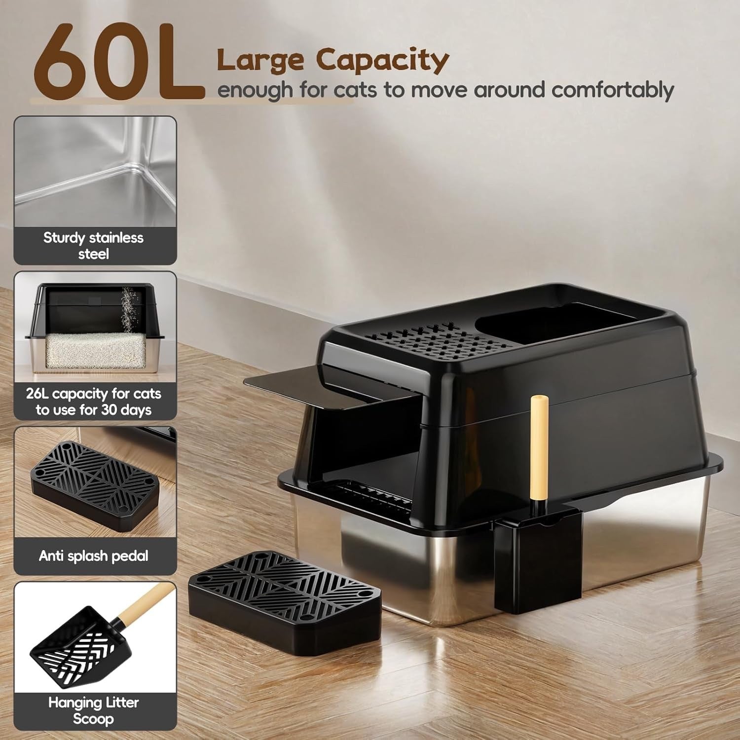 Cat Litter Tray Box XXL Stainless Steel 26L High Wall Leakproof Lid Scoop Black