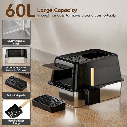 Cat Litter Tray Box XXL Stainless Steel 26L High Wall Leakproof Lid Scoop Black