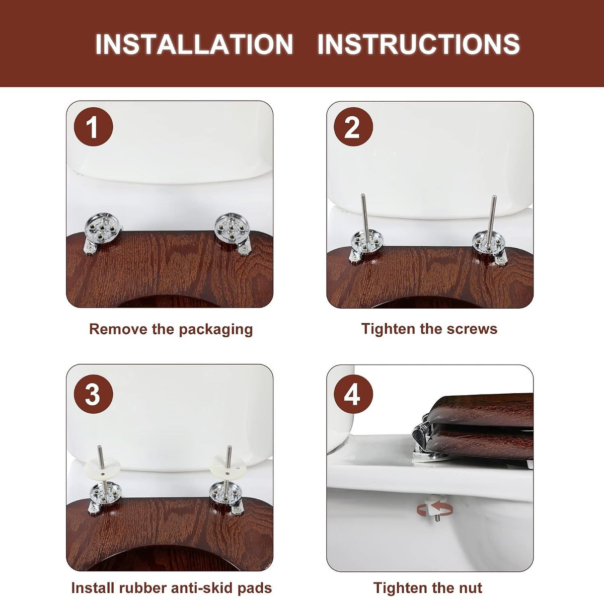 Toilet Seat Wooden Oval Bathroom Lid Dark Walnut MDF Adjustable Hinges 45x37cm