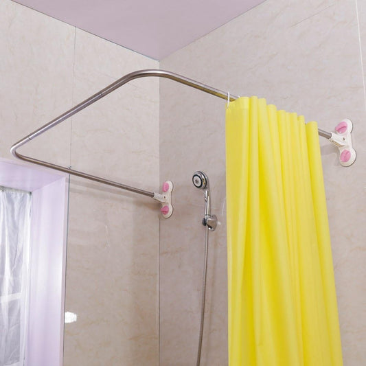 U Shaped Shower Curtain Rod Corner Rail 98x102cm Suction Mount Steel Bathroom