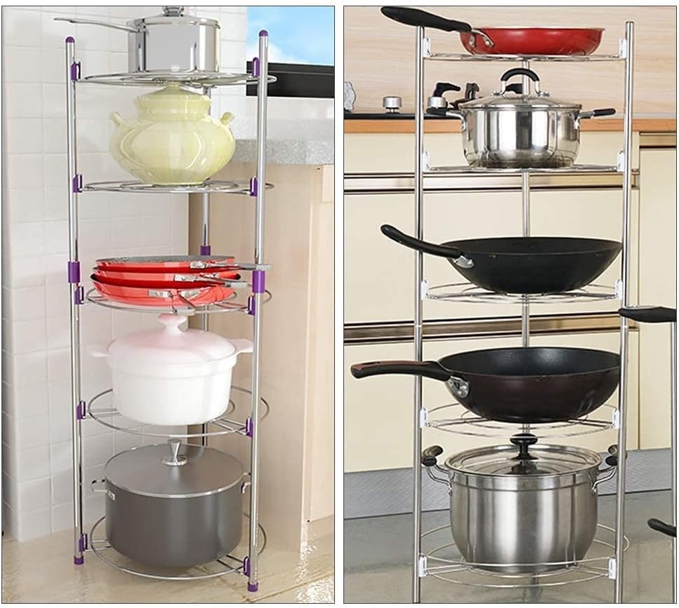 5-Tier Round Pot Pan Rack Stainless Steel Kitchen Storage Organizer 101x35 cm