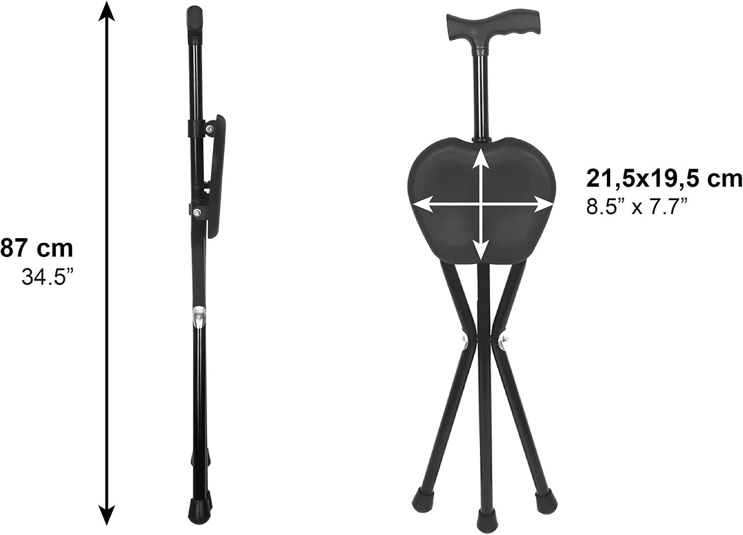 Walking Stick Seat Chair Folding Cane Aluminium 3 Leg Seniors 87cm Black 100kg