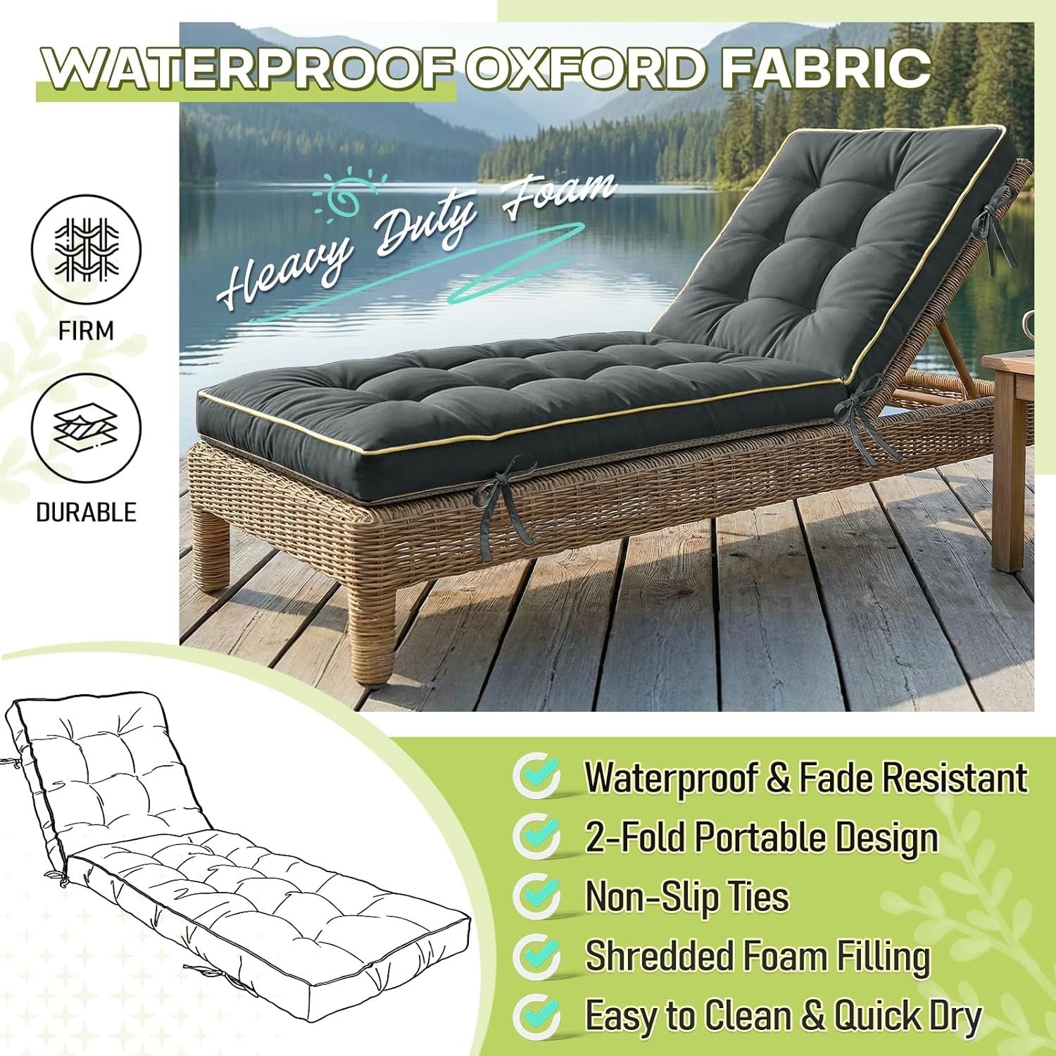 Sunbed Cushion 2 Pack 183x54cm Grey Foldable Quick Dry Lounger Pad Garden Patio