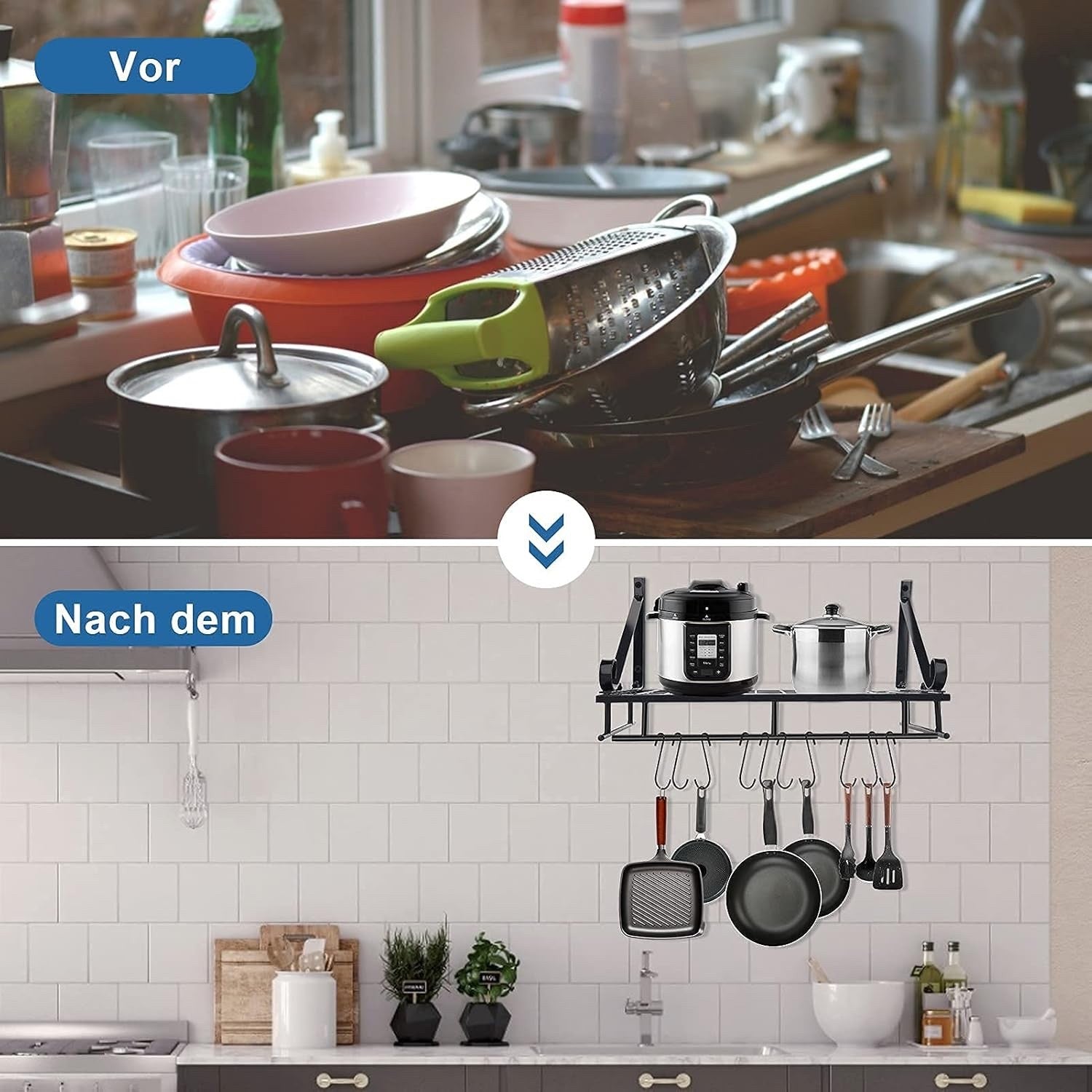Metal Hanging Pan Pot Rack Wall Mounted With 10 Hook Holders Kitchen Storage
