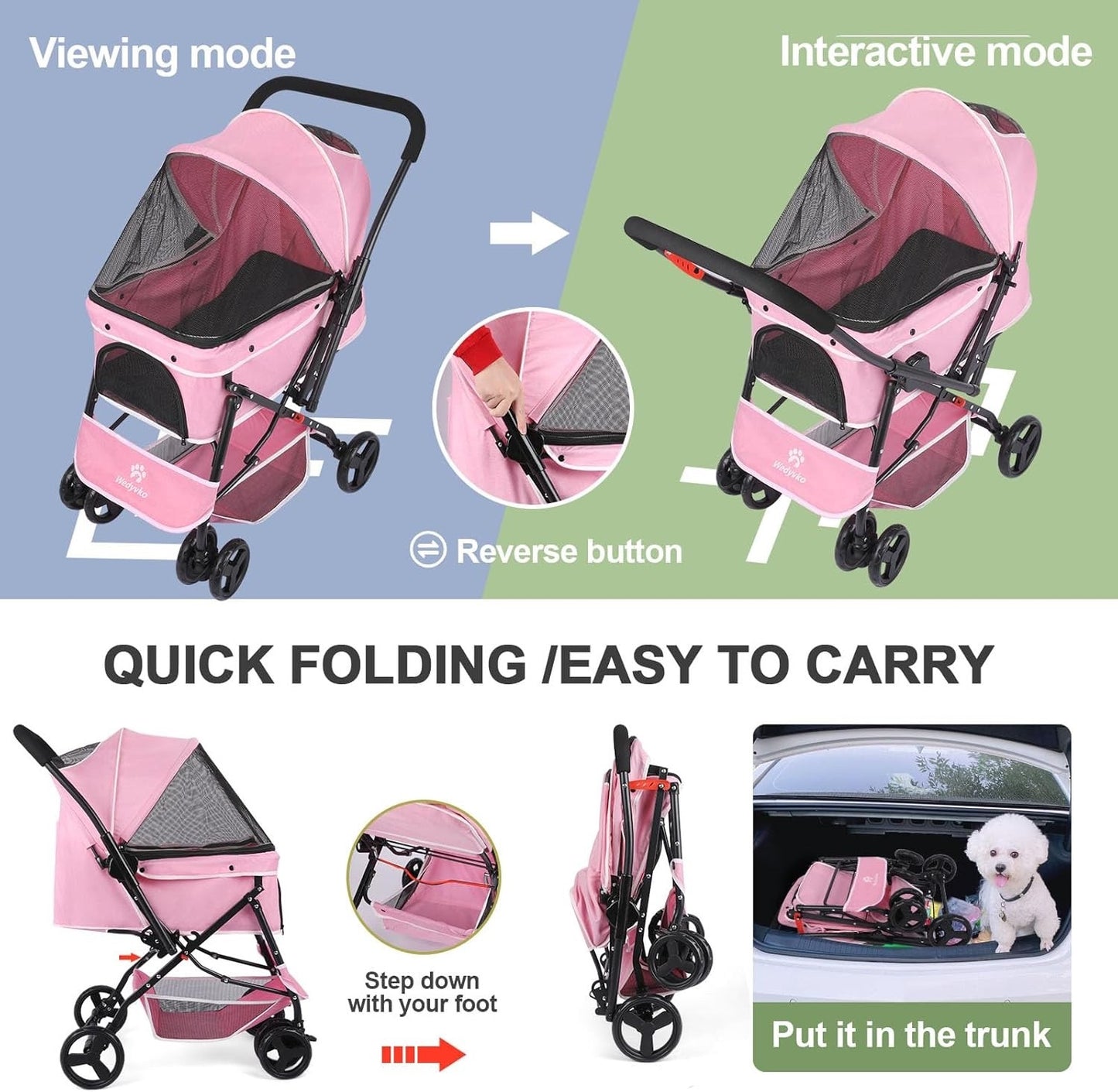 Pet Stroller Foldable Dog Cat Pushchair 360 Wheels Brake Storage Travel Pink