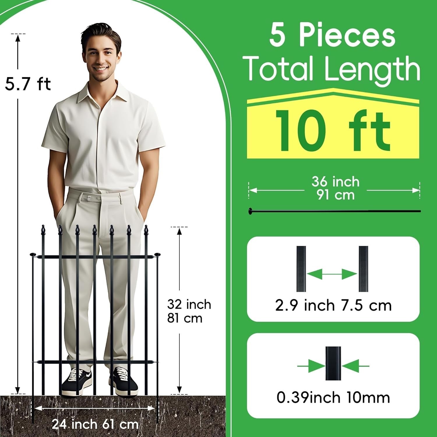 3m Decorative Metal Garden Fence 5 Pack Pet Barrier Border 81cm High